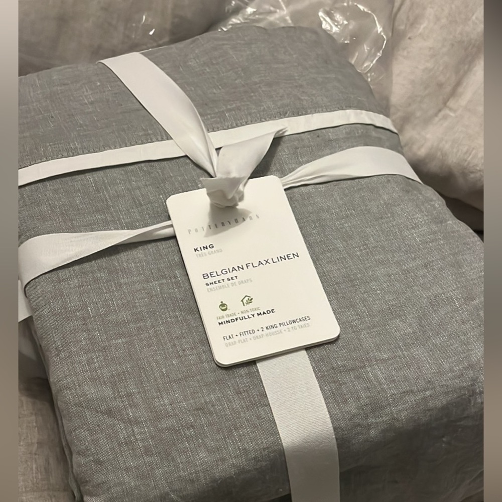 Pottery Barn Belgian Linen Sheet Set Smoke/White